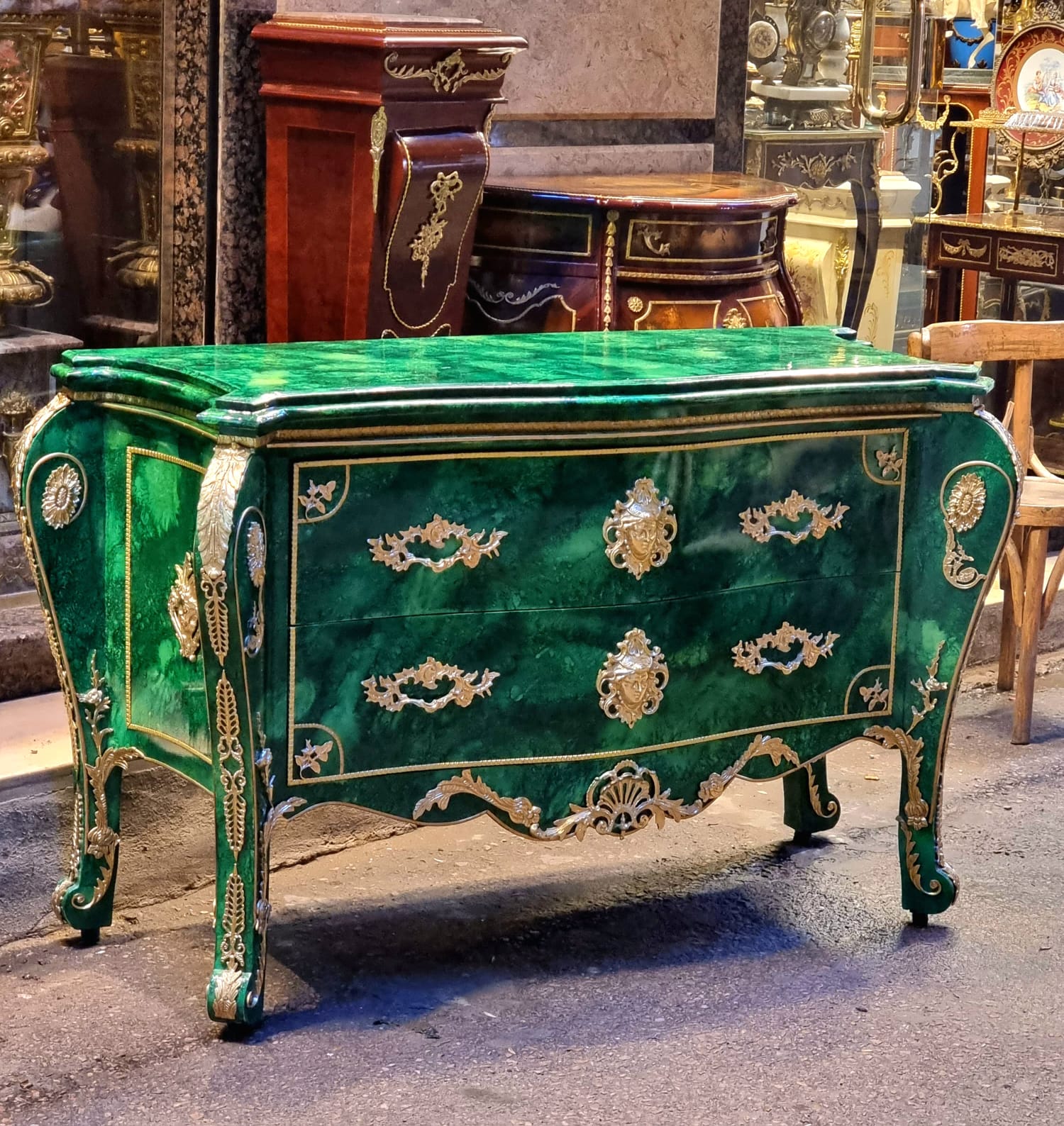 Grand French Louis XV Style Green Commode with Gold Leaf & Bronze Details – Luxury 2 Drawer Chest