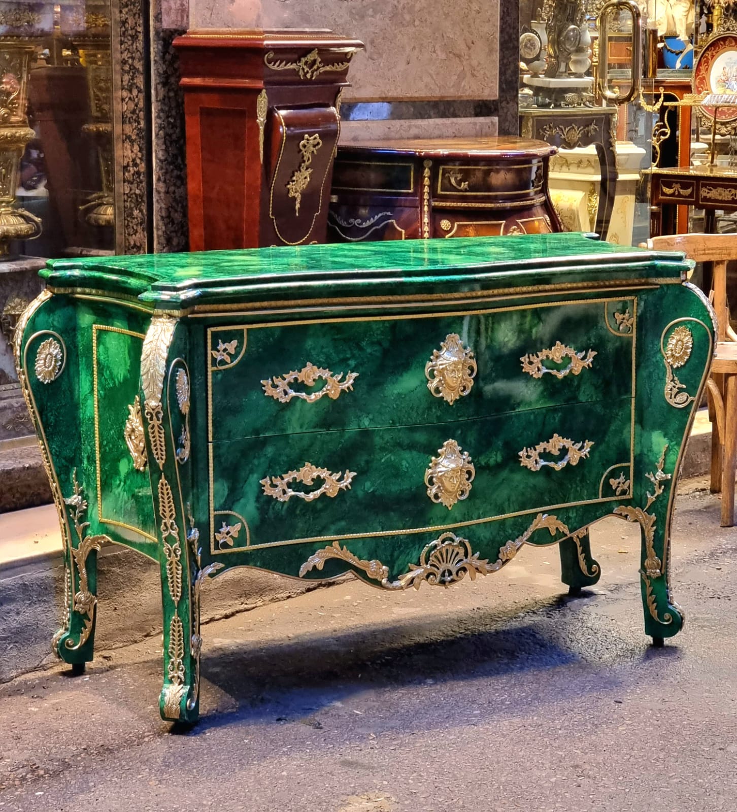 Grand French Louis XV Style Green Commode with Gold Leaf & Bronze Details – Luxury 2 Drawer Chest