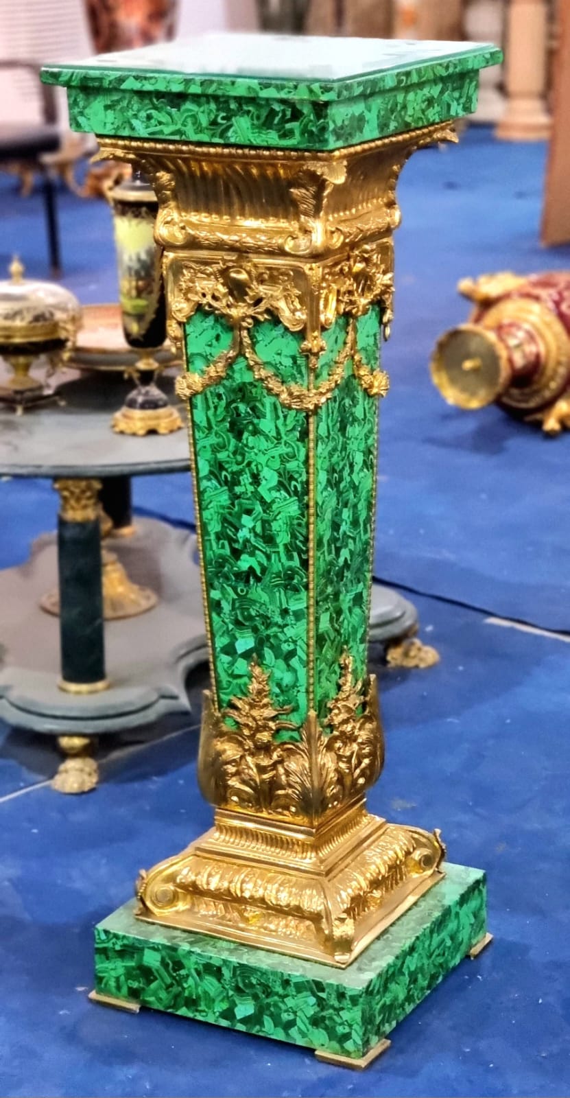Marbleized Green Rococo Display Pedestal with Gold Leaf & Bronze Accents