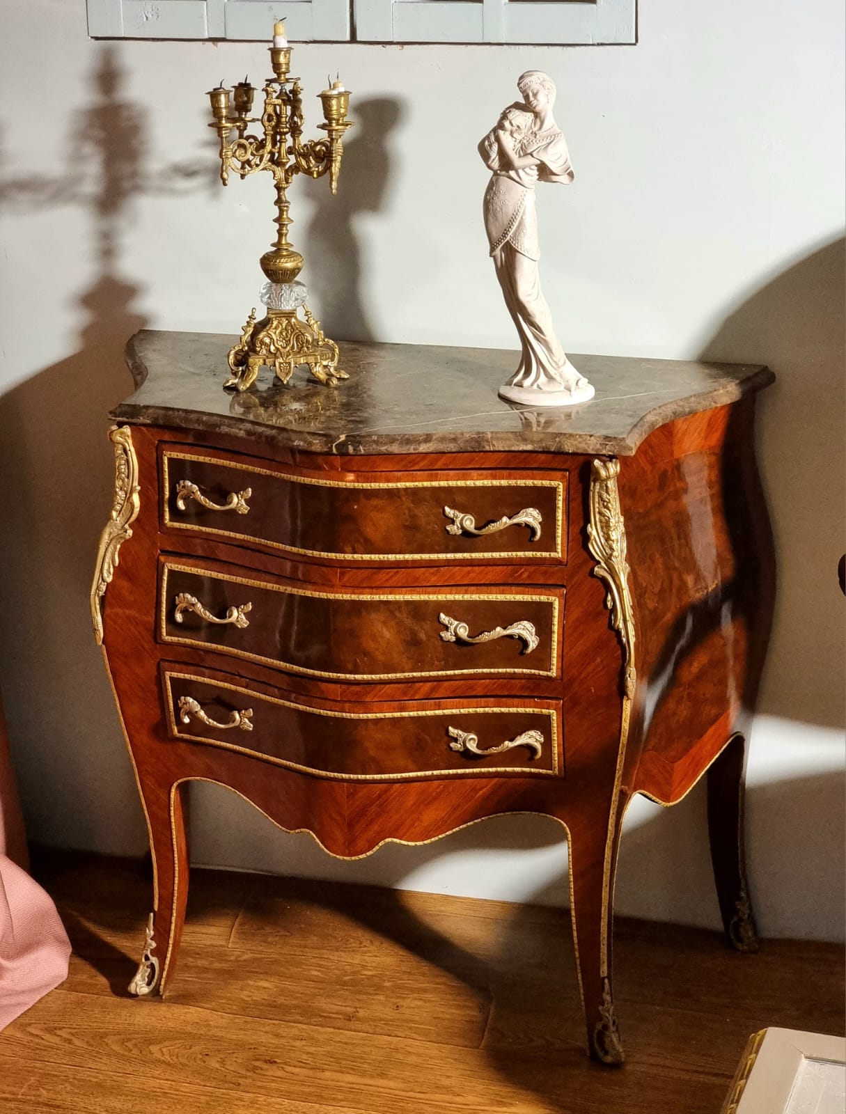Elegant French 3 Drawer Commode – Curved Bombe Chest with Marble Top