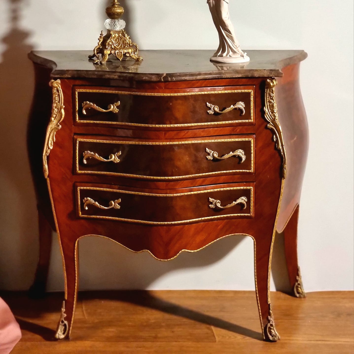 Elegant French 3 Drawer Commode – Curved Bombe Chest with Marble Top