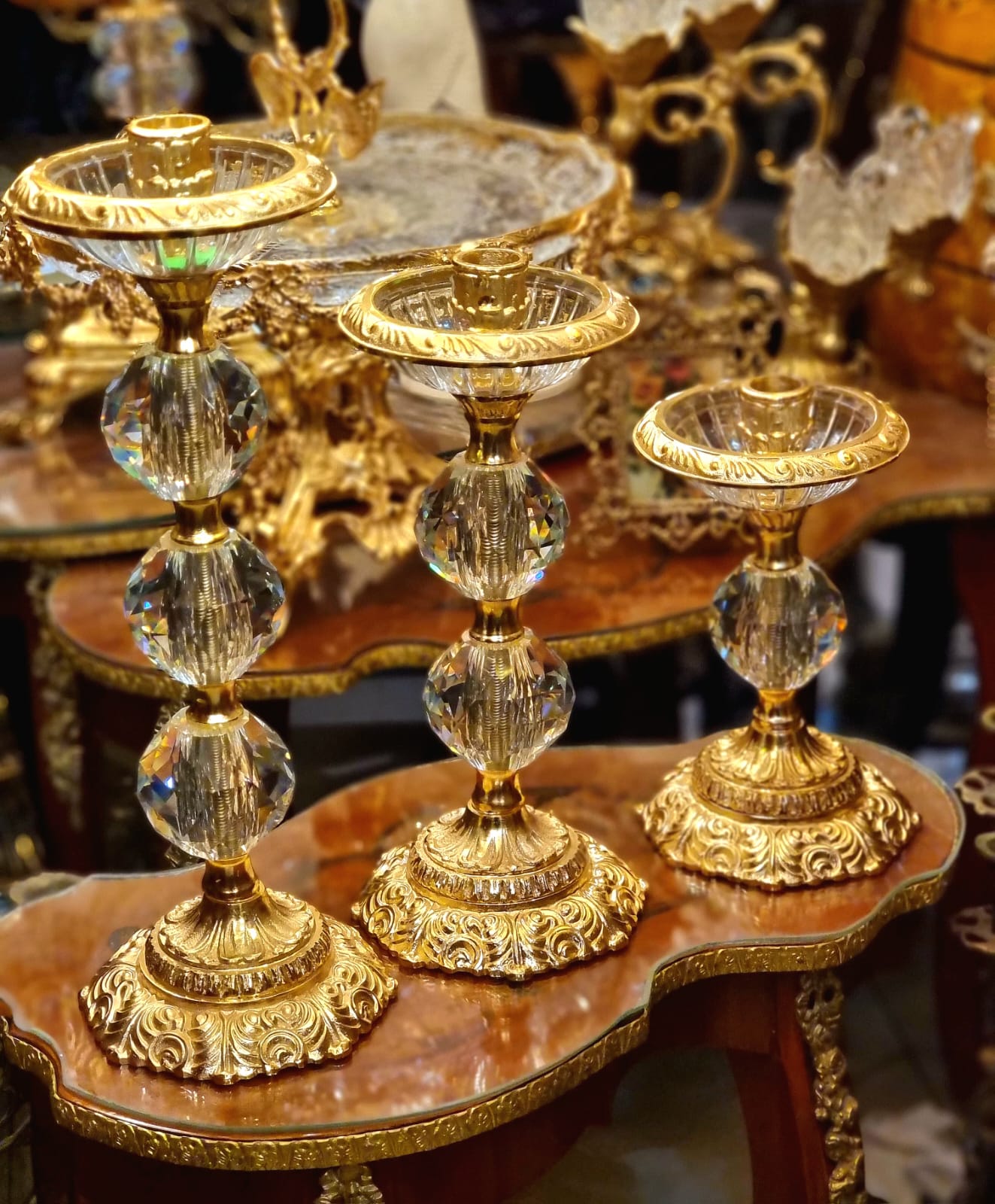 Set of 3 Crystal & Gilded Brass Candlestick Holders – French Style Decorative Candleholders