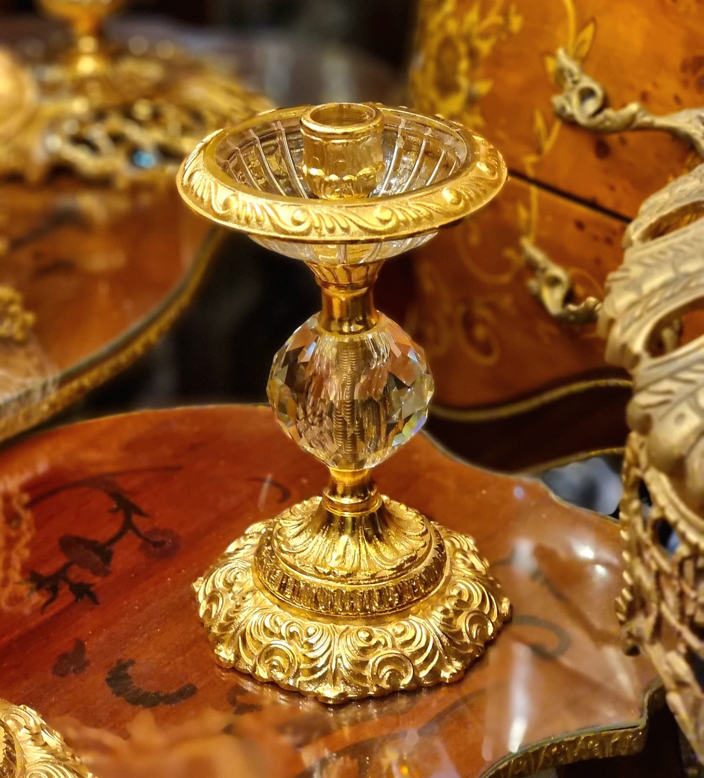 Set of 3 Crystal & Gilded Brass Candlestick Holders – French Style Decorative Candleholders