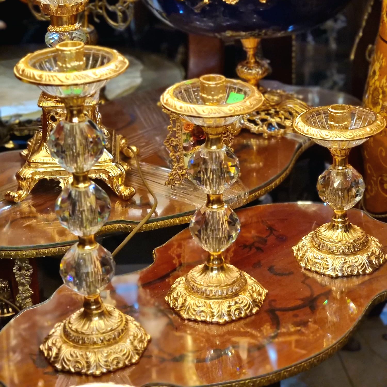 Set of 3 Crystal & Gilded Brass Candlestick Holders – French Style Decorative Candleholders