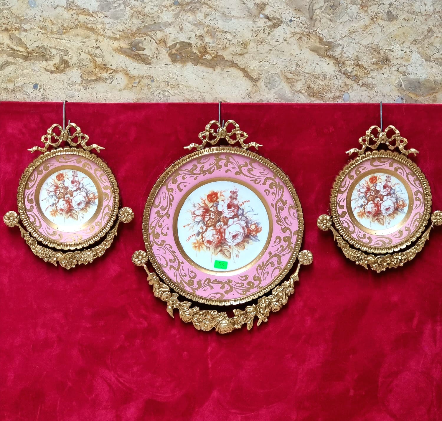 Set of 3 Baroque Ceramic Pink Wall Art Pieces with Ornate Gold Frames & Floral Artwork