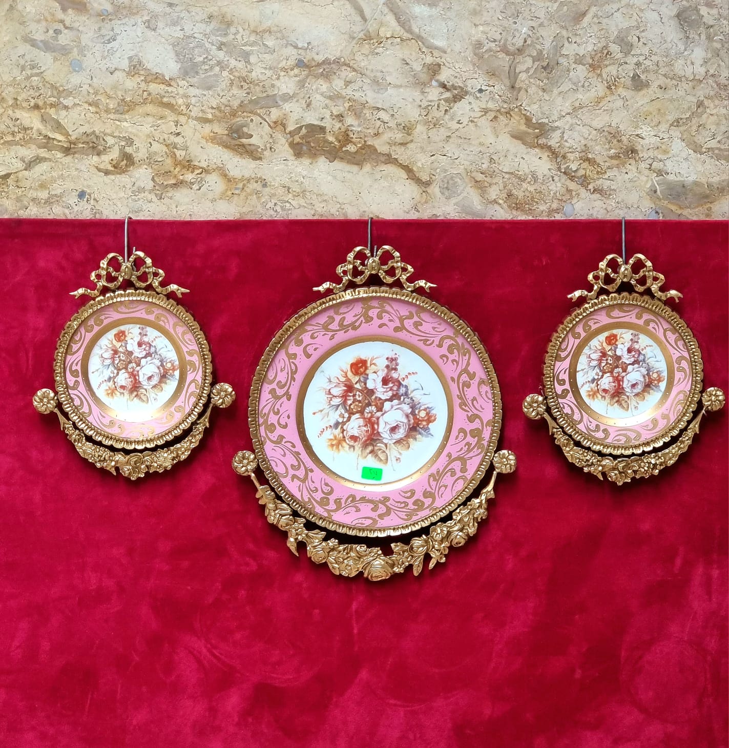 Set of 3 Baroque Ceramic Pink Wall Art Pieces with Ornate Gold Frames & Floral Artwork