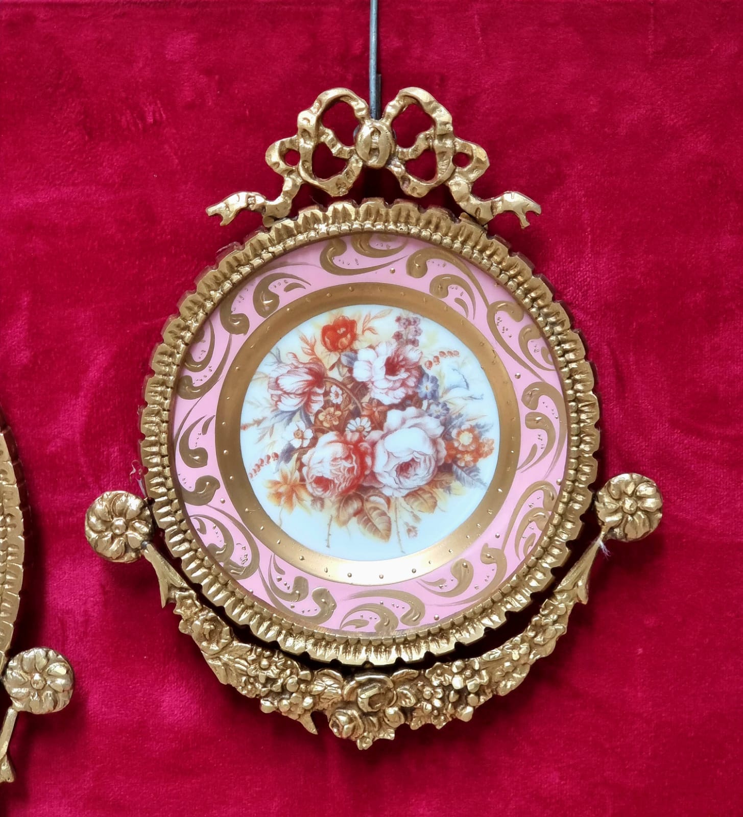 Set of 3 Baroque Ceramic Pink Wall Art Pieces with Ornate Gold Frames & Floral Artwork