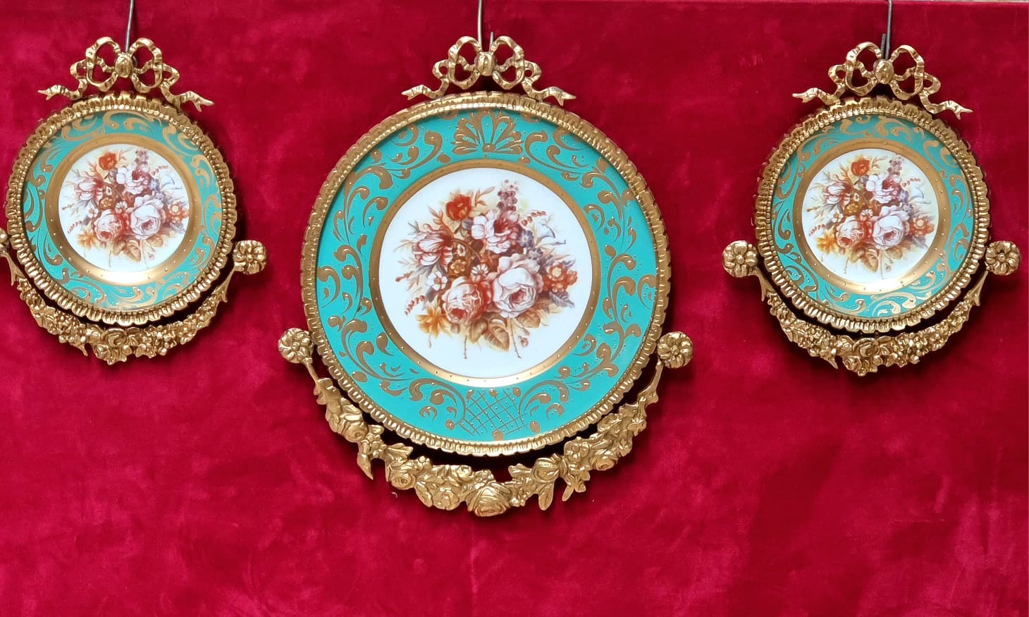 Set of 3 Baroque Ceramic Turquoise Wall Art Pieces with Ornate Gold Frames & Floral Artwork