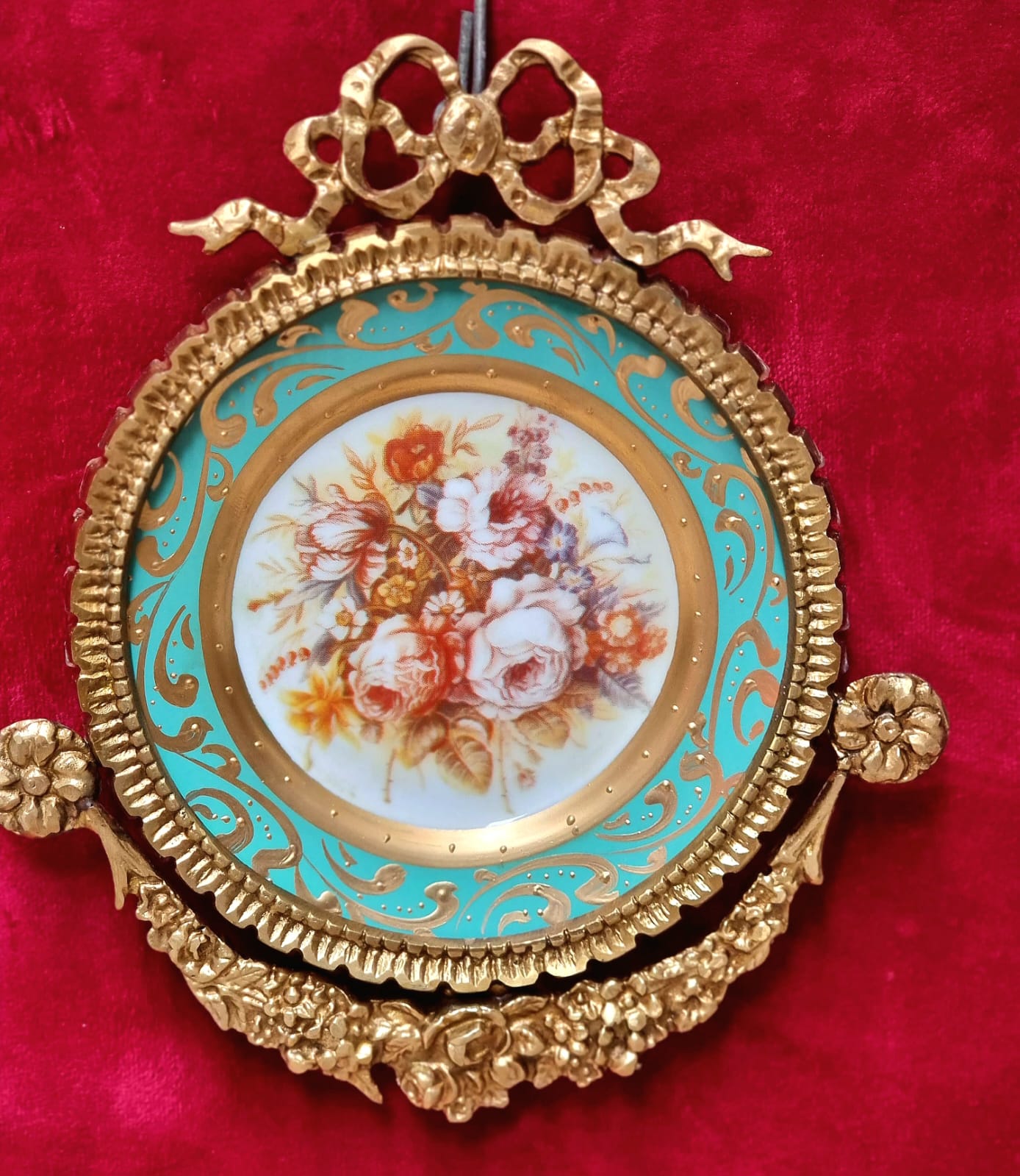 Set of 3 Baroque Ceramic Turquoise Wall Art Pieces with Ornate Gold Frames & Floral Artwork