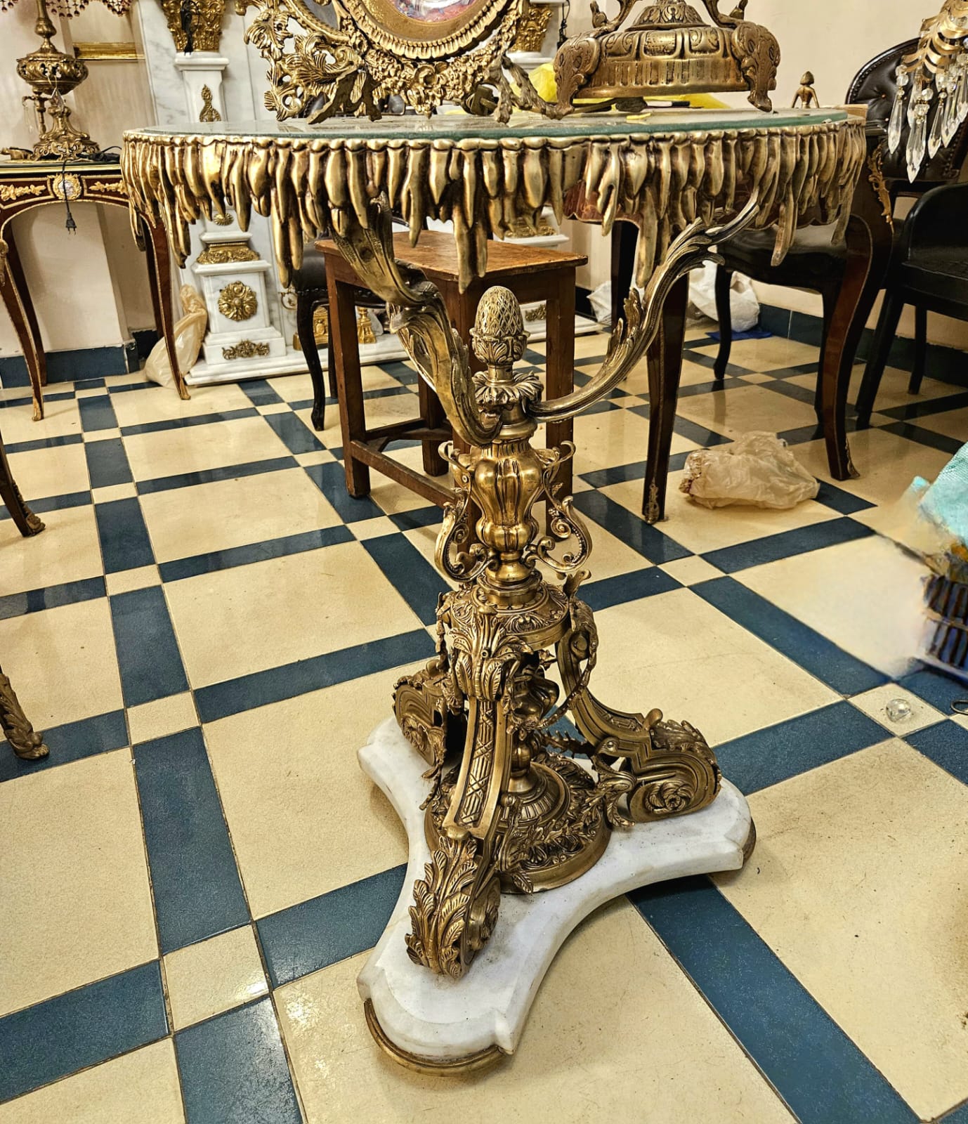 Grand French Baroque Coffee Table with Glass Top, Marble Base & Gilded Sculptural Details