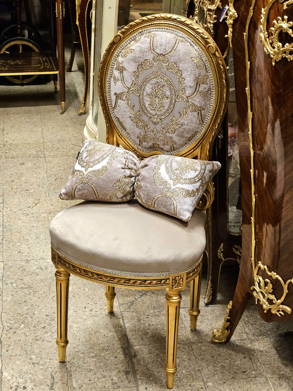 French Louis XVI Accent Chair with Gold Leaf Frame, Ornate Upholstery & Decorative Lumbar Pillow