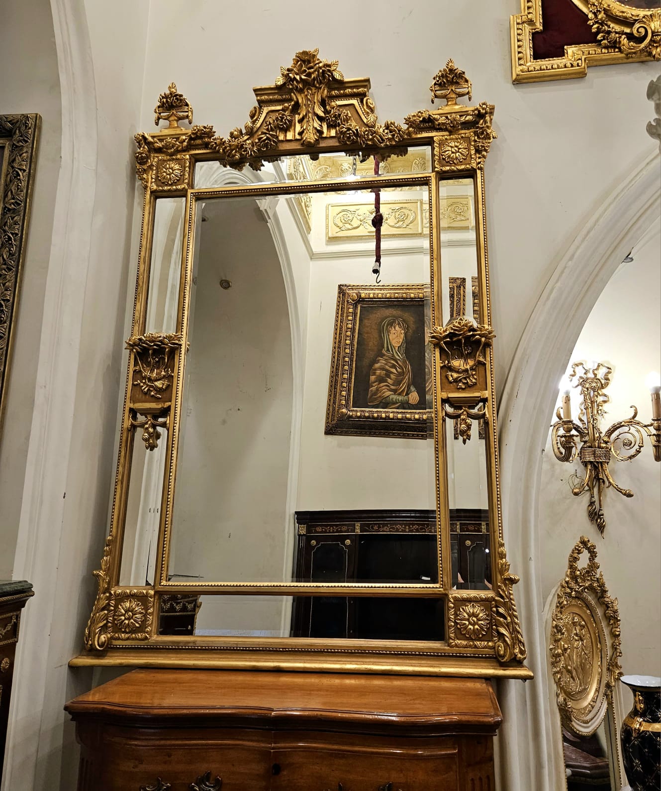 Grand French Louis XVI Gilded Wall Mirror with Floral Crest & Beveled Mirror Panels