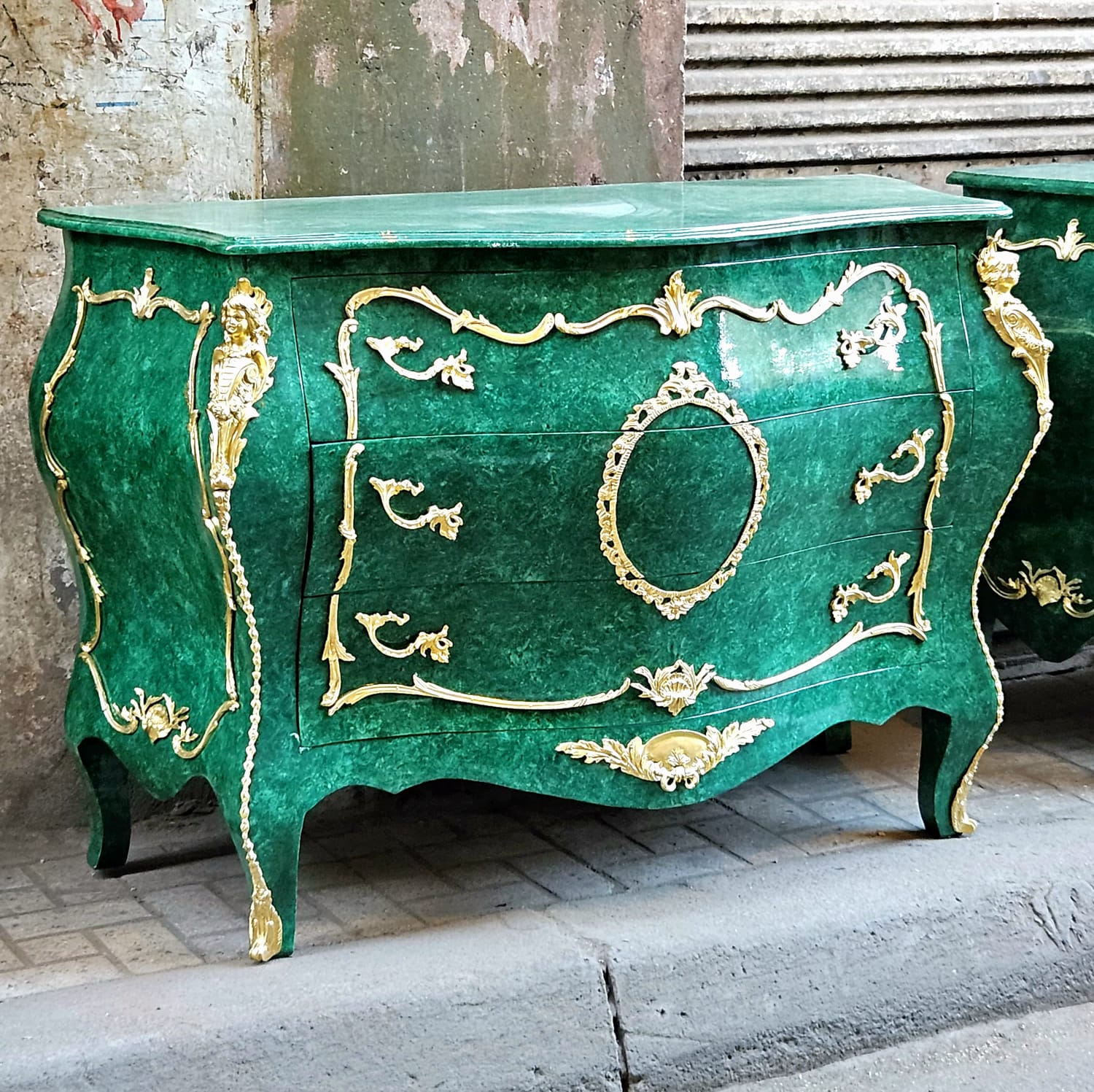 Grand French Louis XV Style Green Commode with Gold Leaf & Bronze Details – Luxury 3 Drawer Chest