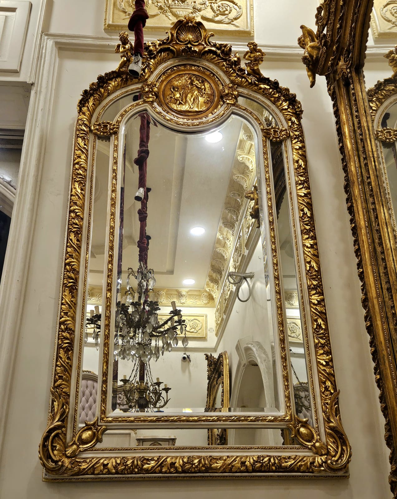 French Baroque Wall Mirror with Gilded Frame, Cherub Crest & Classical Medallion