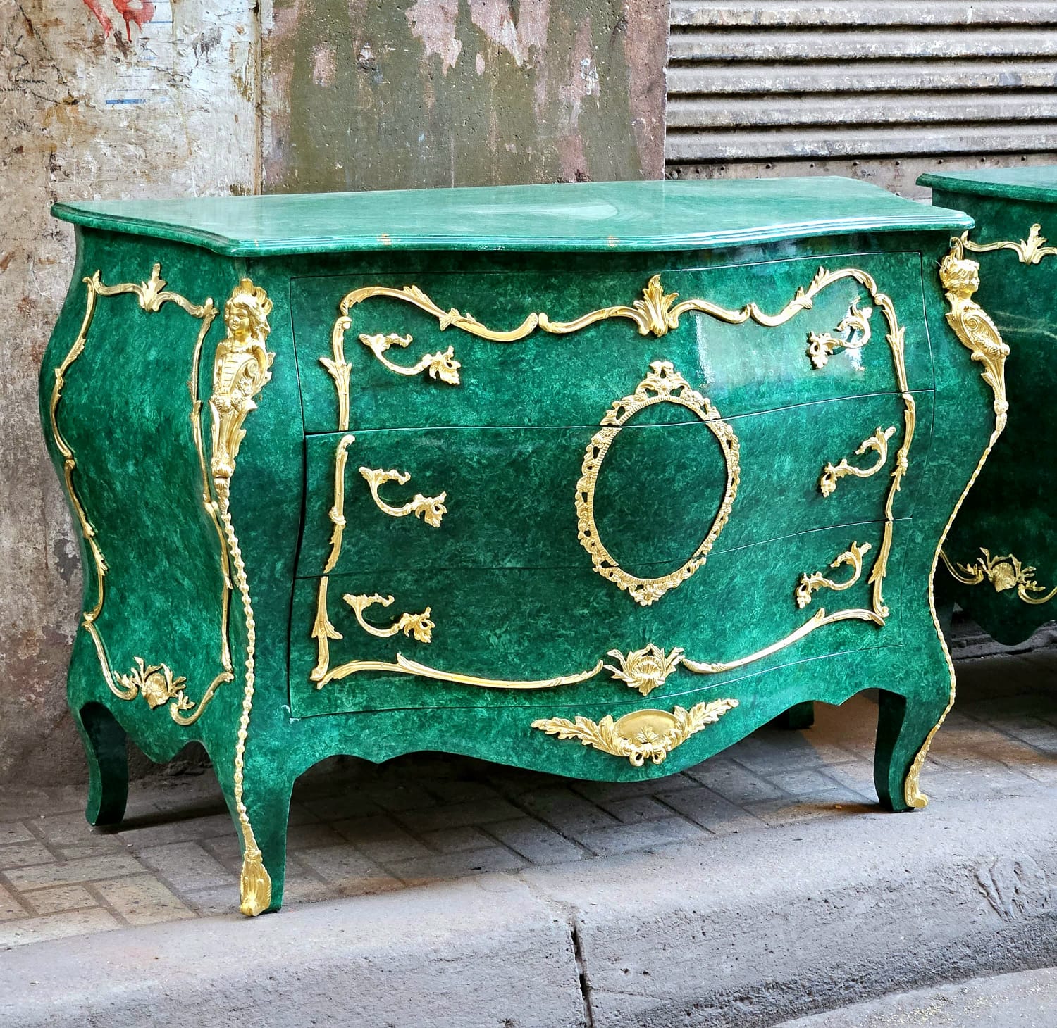 Grand French Louis XV Style Green Commode with Gold Leaf & Bronze Details – Luxury 3 Drawer Chest