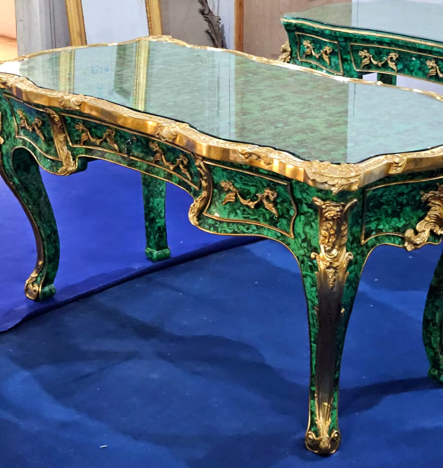 French Rococo Coffee Table with Malachite-Inspired Finish, Glass Top & Gilded Bronze Mounts