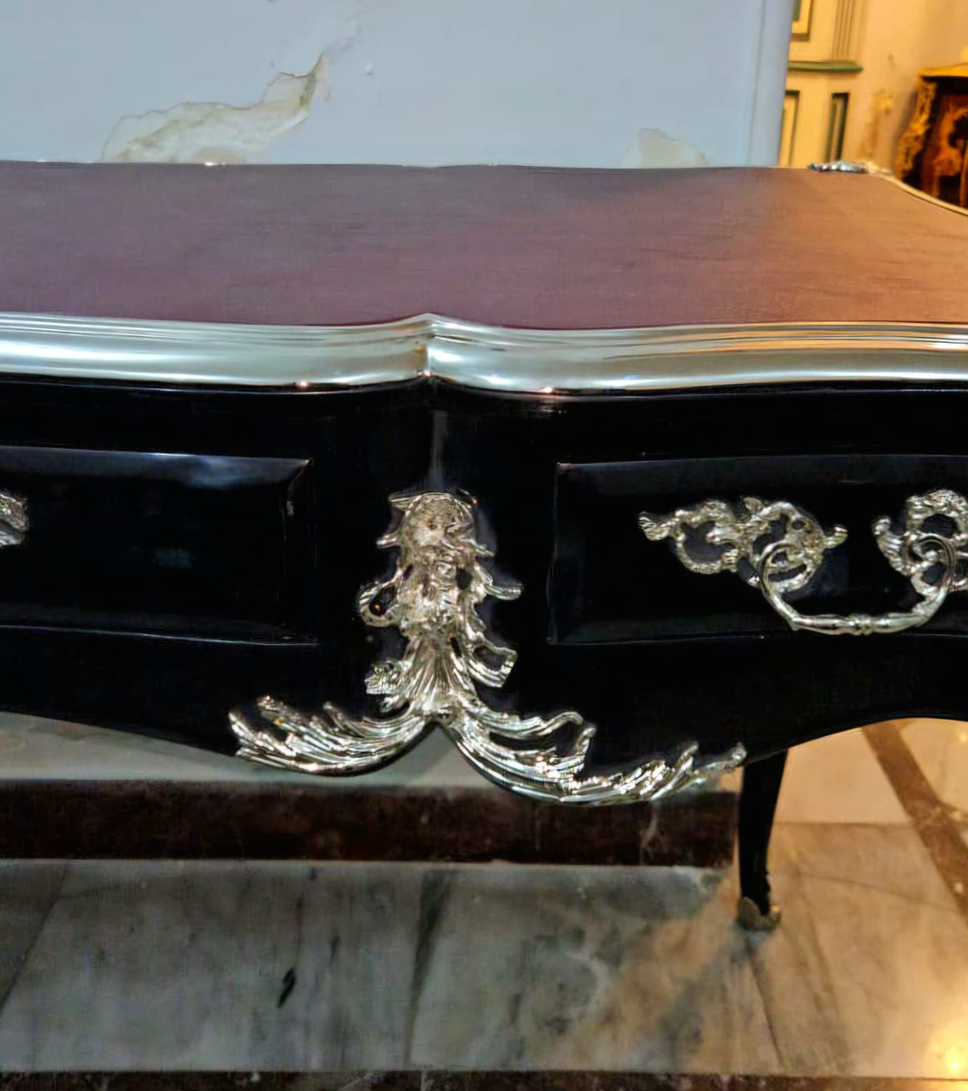 French Louis XV Writing Desk with Burgundy Top & Ornate Bronze Mounts & Silver Leaf