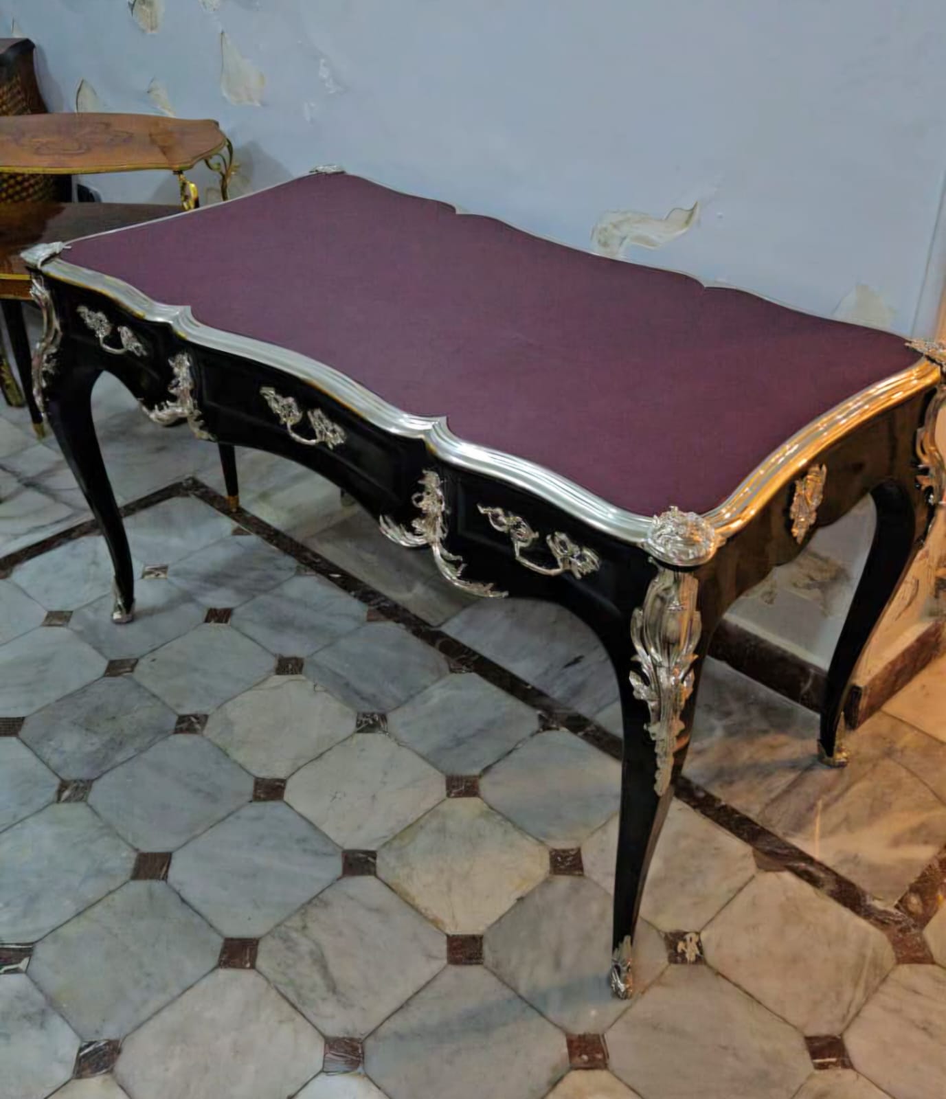 French Louis XV Writing Desk with Burgundy Top & Ornate Bronze Mounts & Silver Leaf