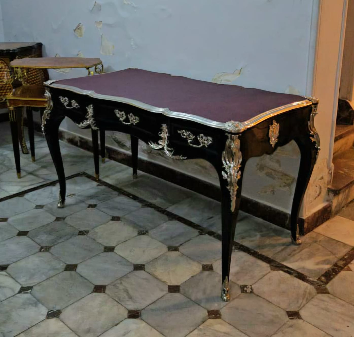 French Louis XV Writing Desk with Burgundy Top & Ornate Bronze Mounts & Silver Leaf