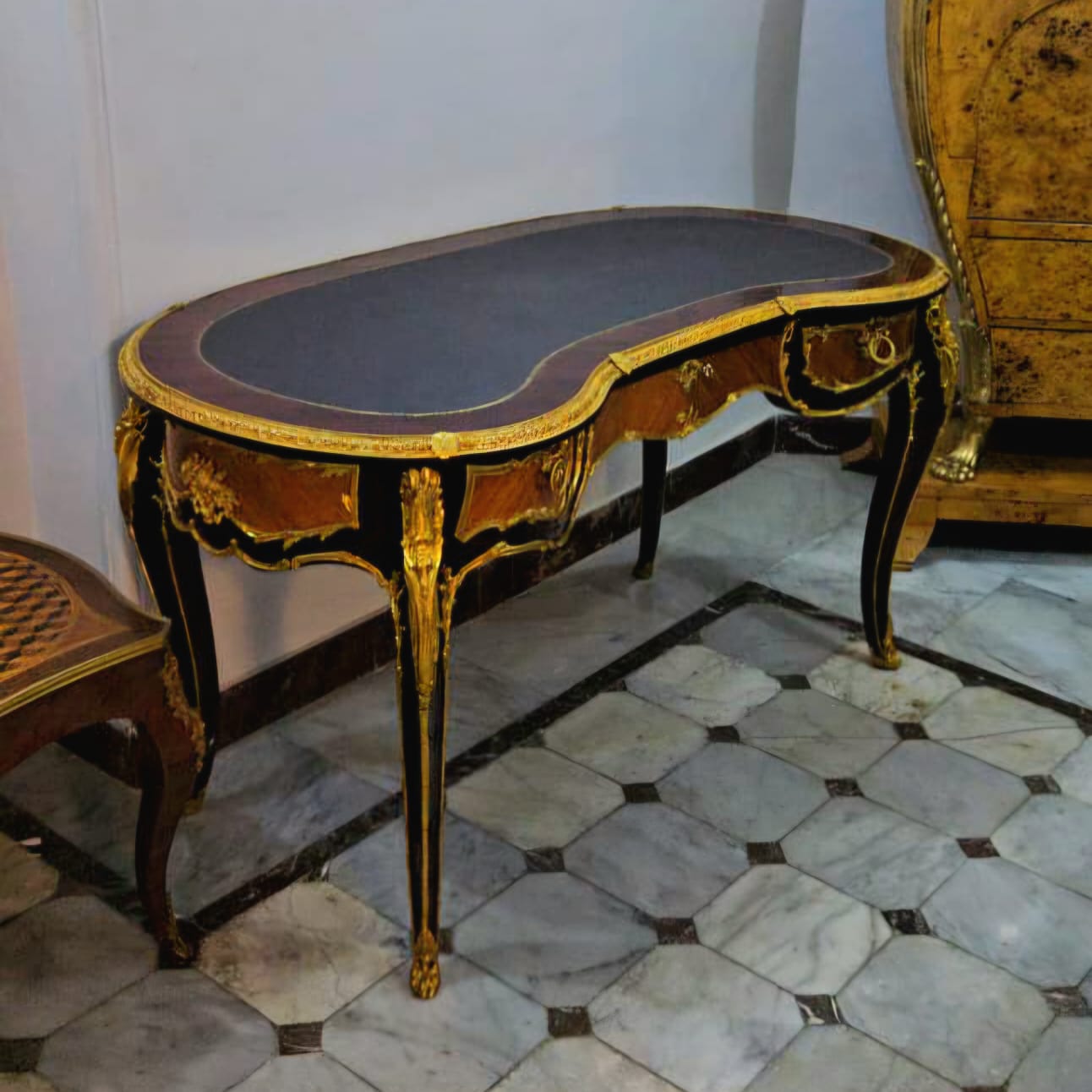 French Louis XV Writing Desk with Black Leather Top, Marquetry Inlay & Gilded Bronze Mounts