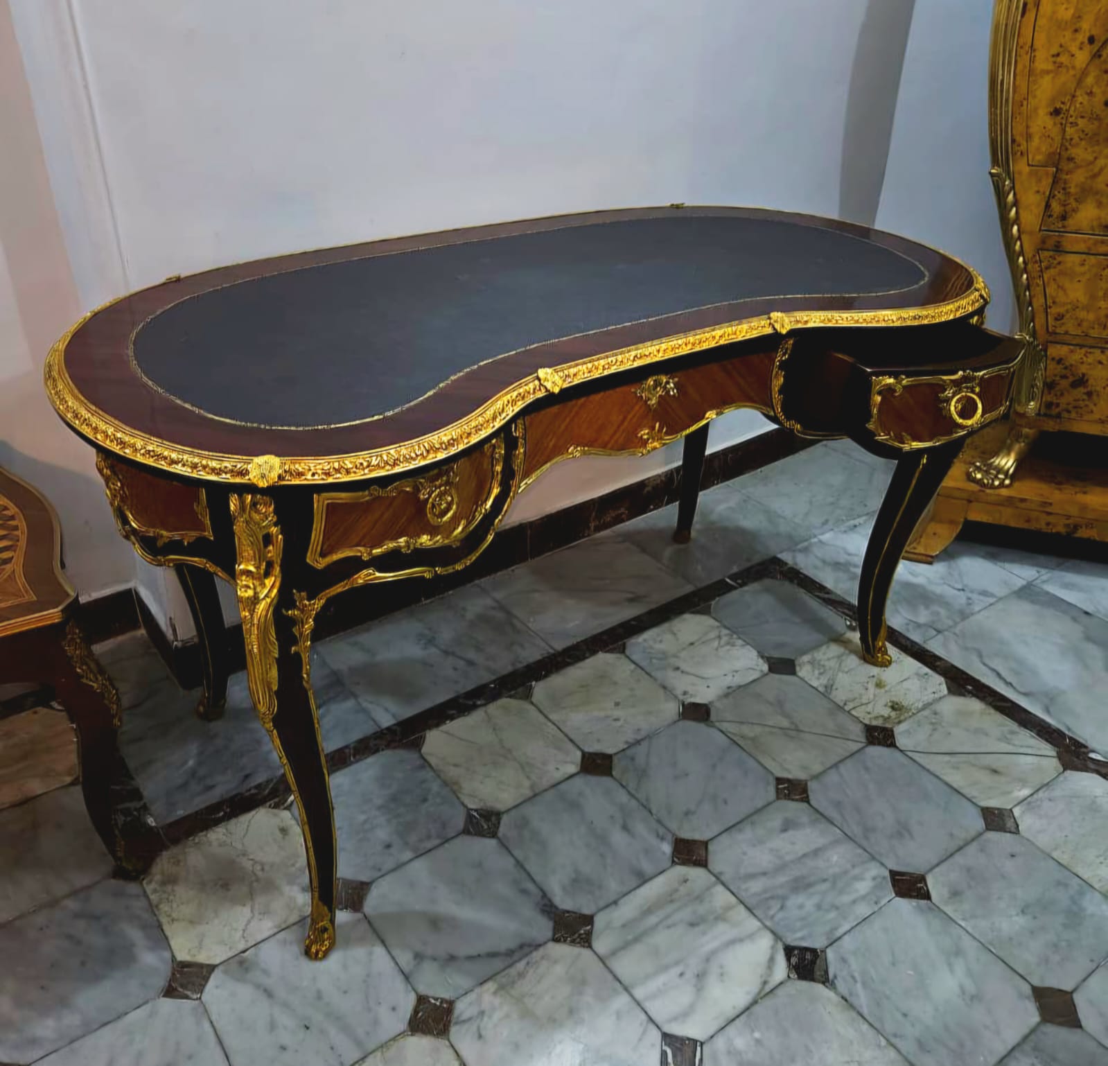 French Louis XV Writing Desk with Black Leather Top, Marquetry Inlay & Gilded Bronze Mounts