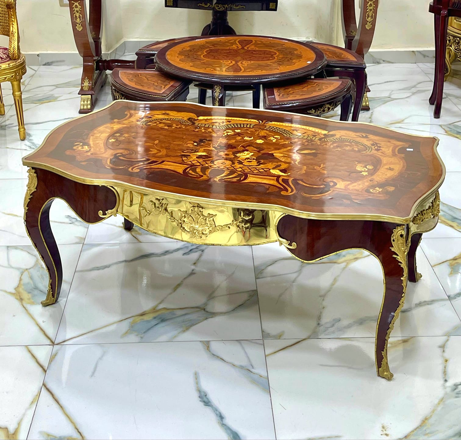 Monumental French Rococo Coffee Table with Marquetry Inlay & Gilded Bronze Mounts