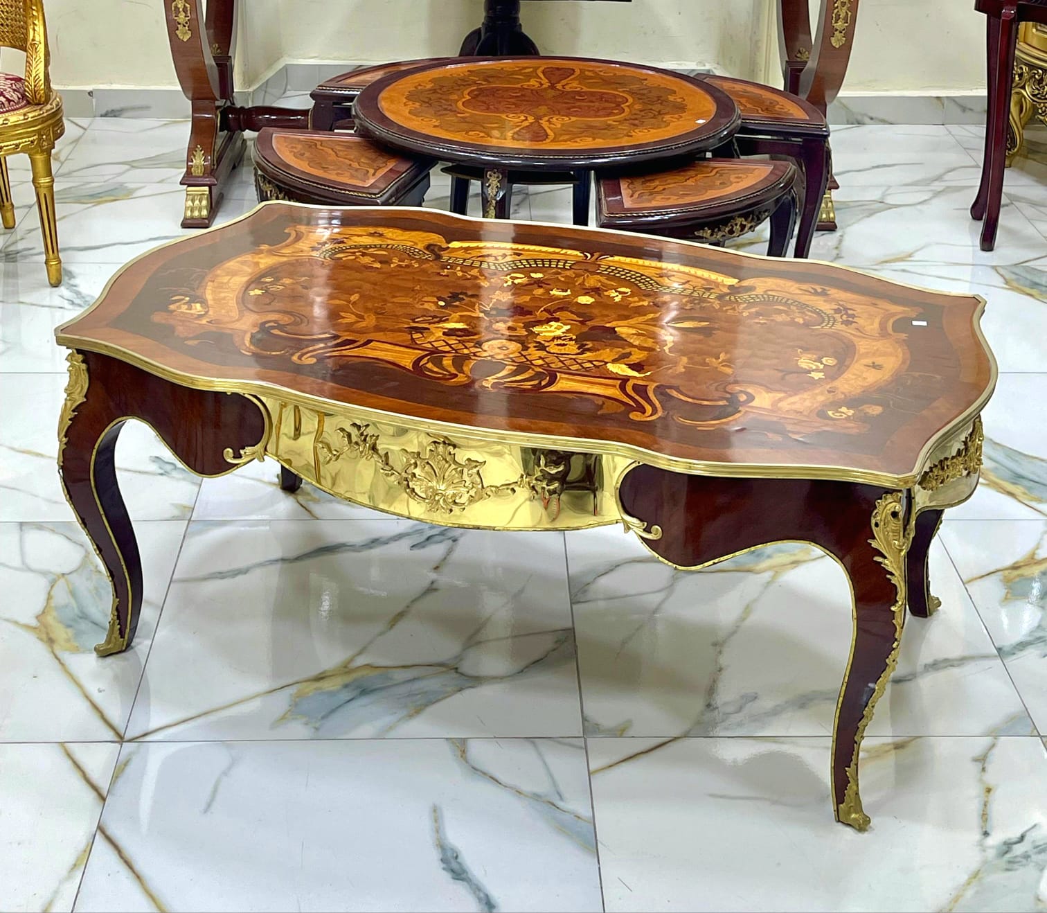 Monumental French Rococo Coffee Table with Marquetry Inlay & Gilded Bronze Mounts