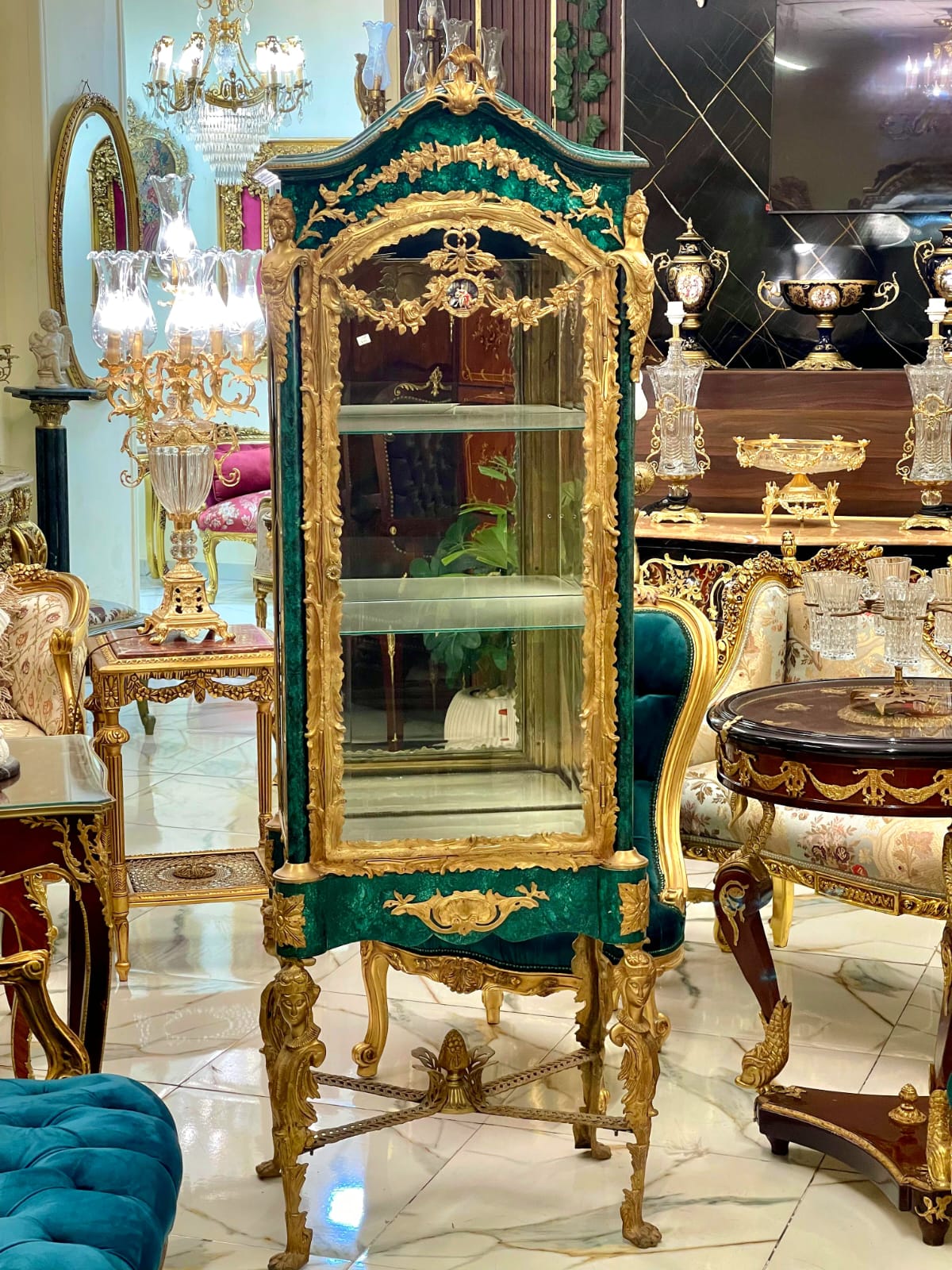 French Louis XVI Green Display Vitrine with Gold Leaf Details, Tufted Interior & Glass Shelves