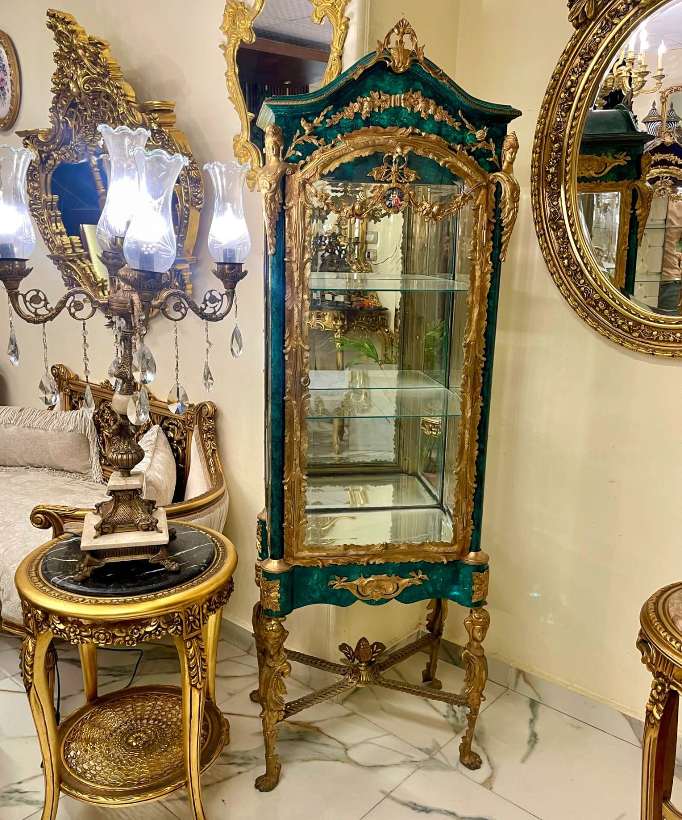 French Louis XVI Green Display Vitrine with Gold Leaf Details, Tufted Interior & Glass Shelves