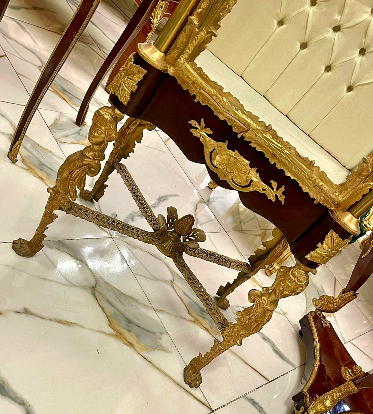 French Louis XVI Display Vitrine with Gold Leaf Details, Tufted Interior & Glass Shelves