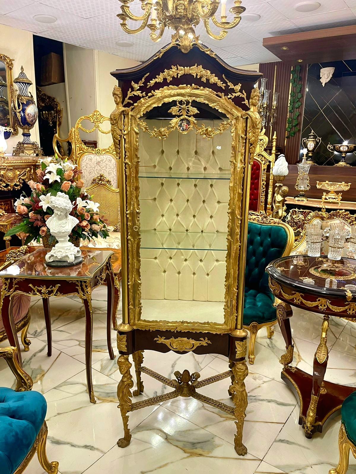 French Louis XVI Display Vitrine with Gold Leaf Details, Tufted Interior & Glass Shelves