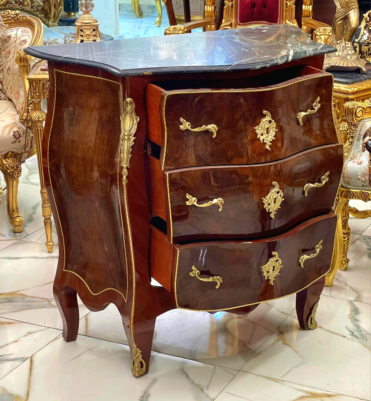 French Louis XV Marble Top Commode with Bronze Mounts & Three Drawers – Elegant Bombe Chest