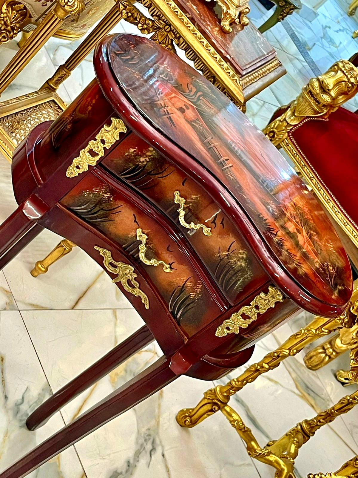 French Louis XV Accent Table with Hand-Painted Drawers & Gilded Brass Details