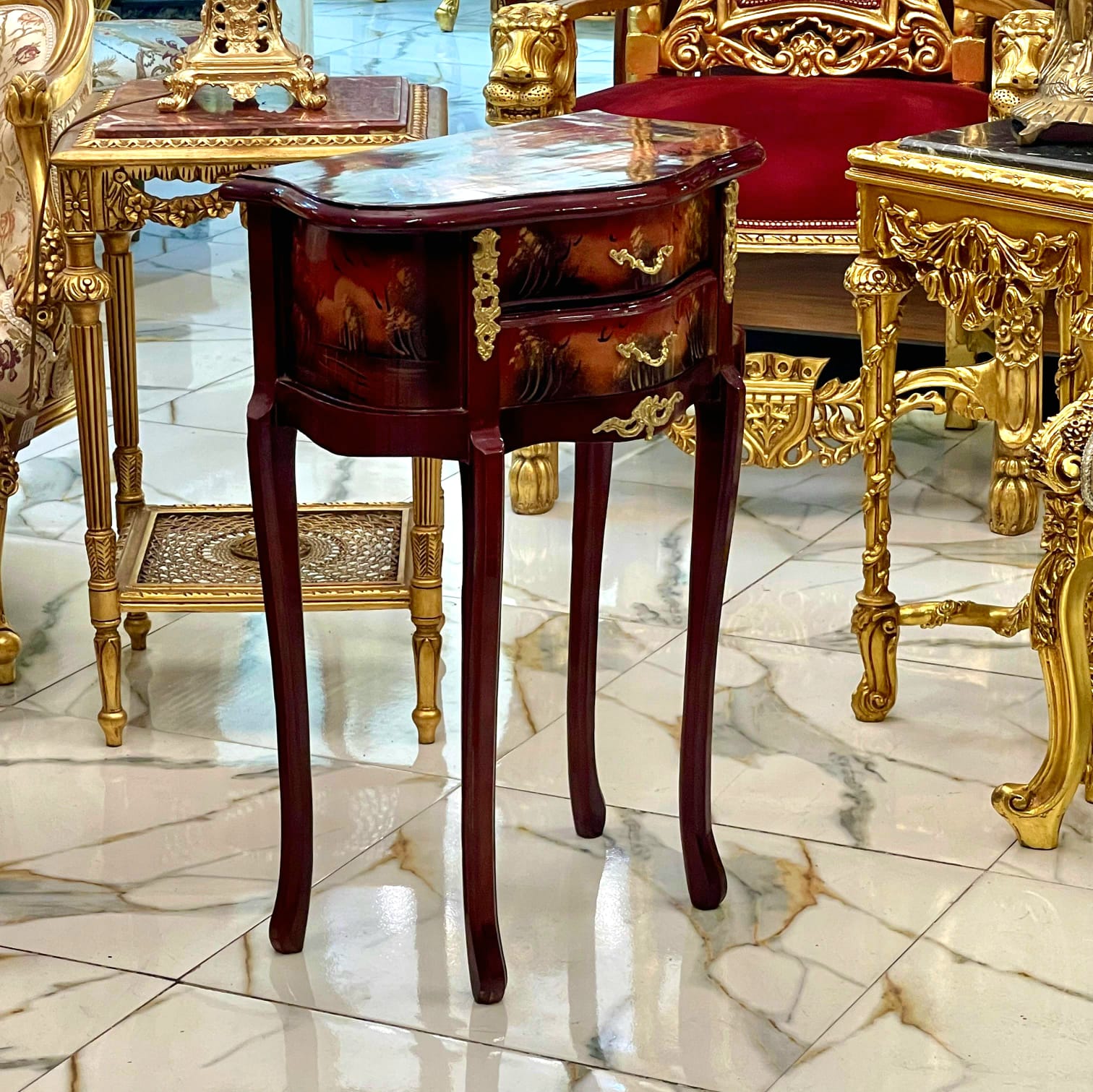 French Style Hand-Painted Accent Table with 2 Drawers & Gilded Brass Hardware