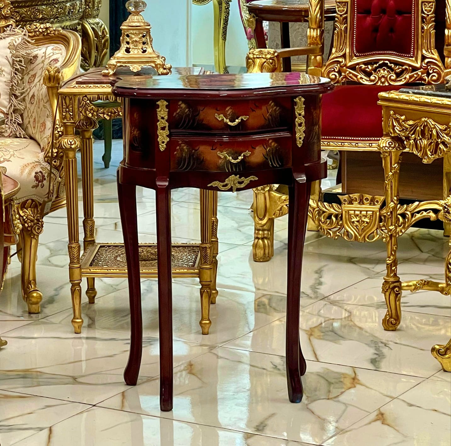 French Style Hand-Painted Accent Table with 2 Drawers & Gilded Brass Hardware