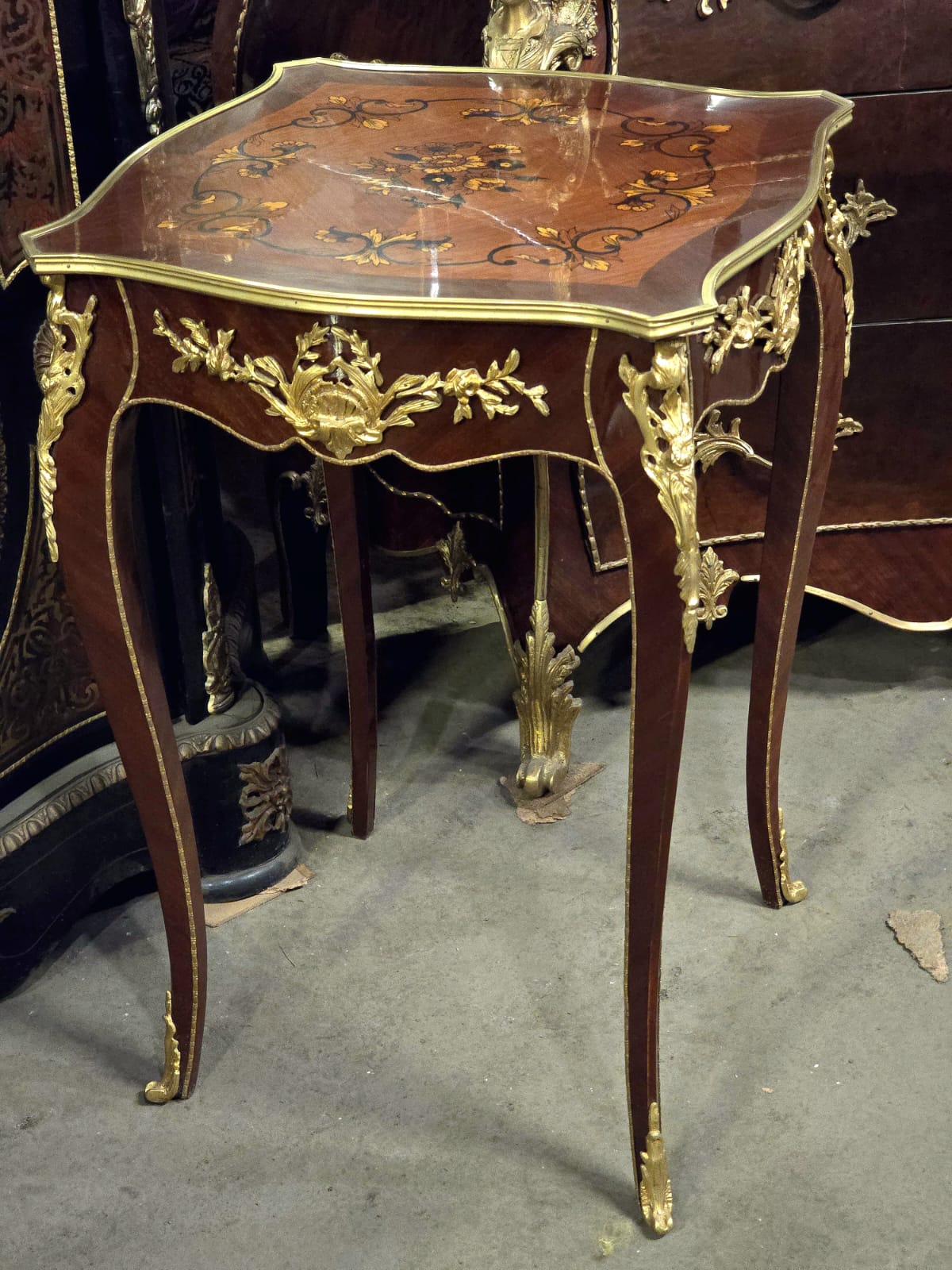 French Accent Side Table with Glass Top, Gold Leaf & Bronze Details