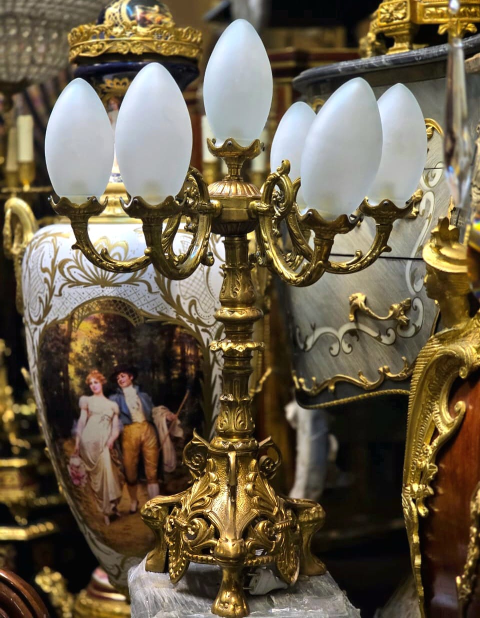 French Rococo 7-Light Candelabra Lamp – Gilded Bronze Table Accent