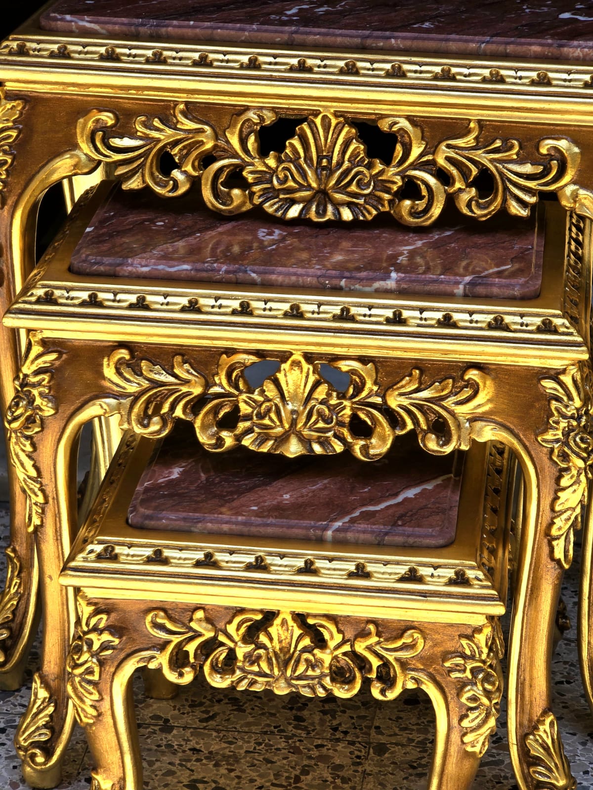 French Baroque Style Nesting Tables – Set of 3 Marble with Gold Leaf Details
