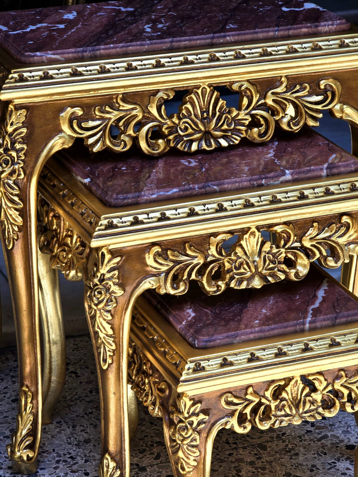 French Baroque Style Nesting Tables – Set of 3 Marble with Gold Leaf Details