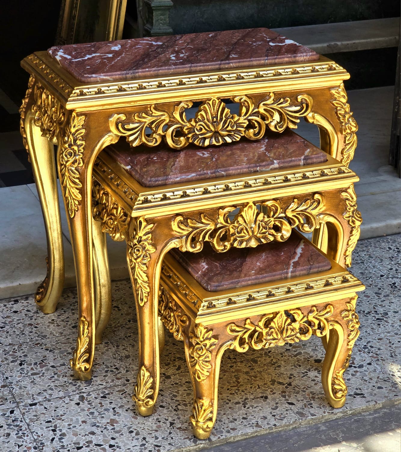 French Baroque Style Nesting Tables – Set of 3 Marble with Gold Leaf Details