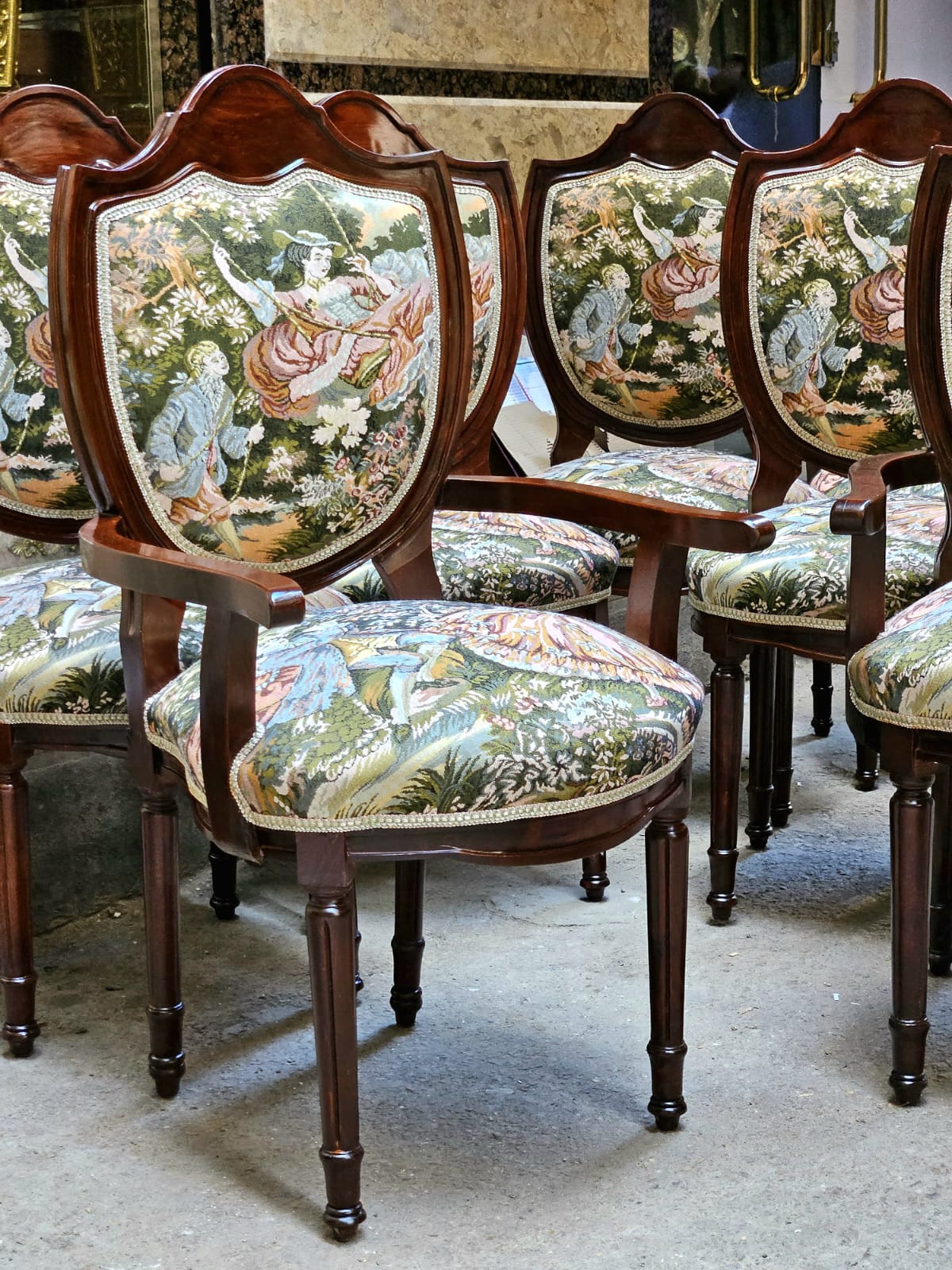 French Louis Philippe Armchair – Romantic Tapestry Upholstered Accent Chair with Solid Wood Frame