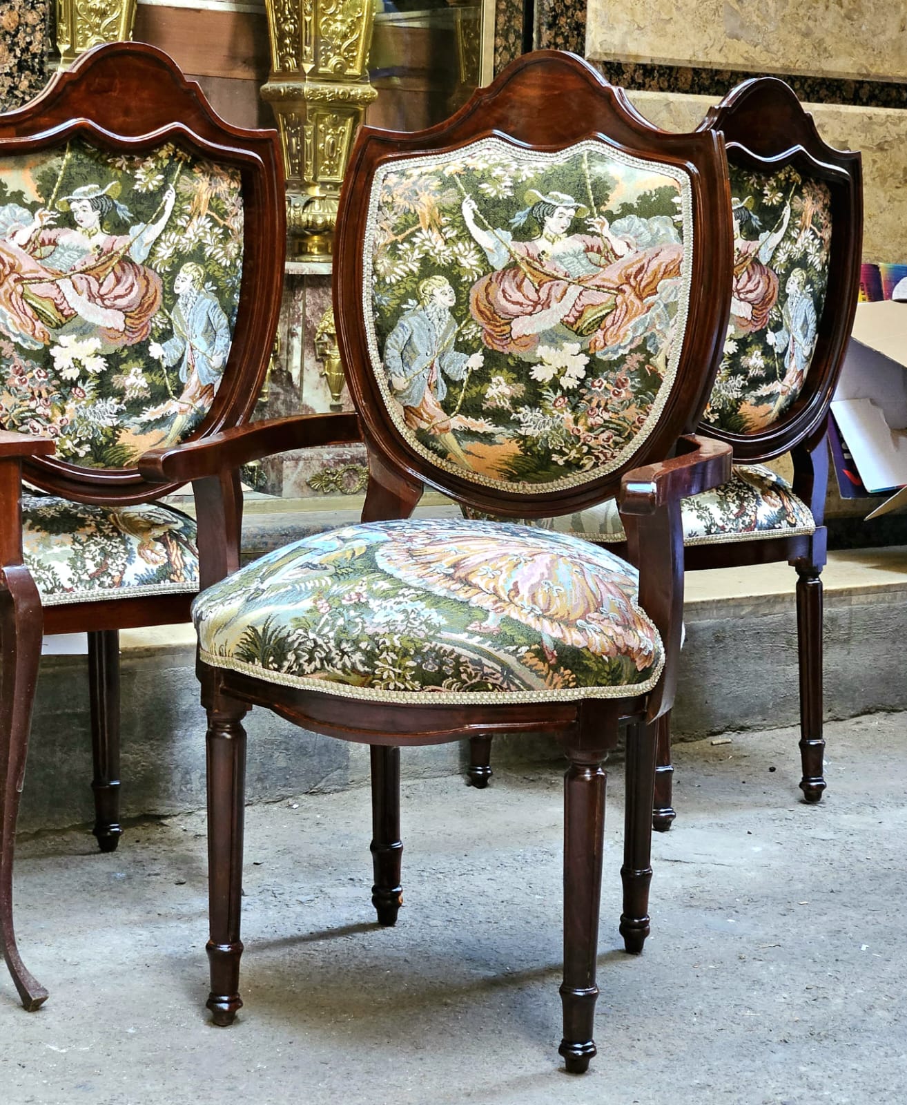 French Louis Philippe Armchair – Romantic Tapestry Upholstered Accent Chair with Solid Wood Frame