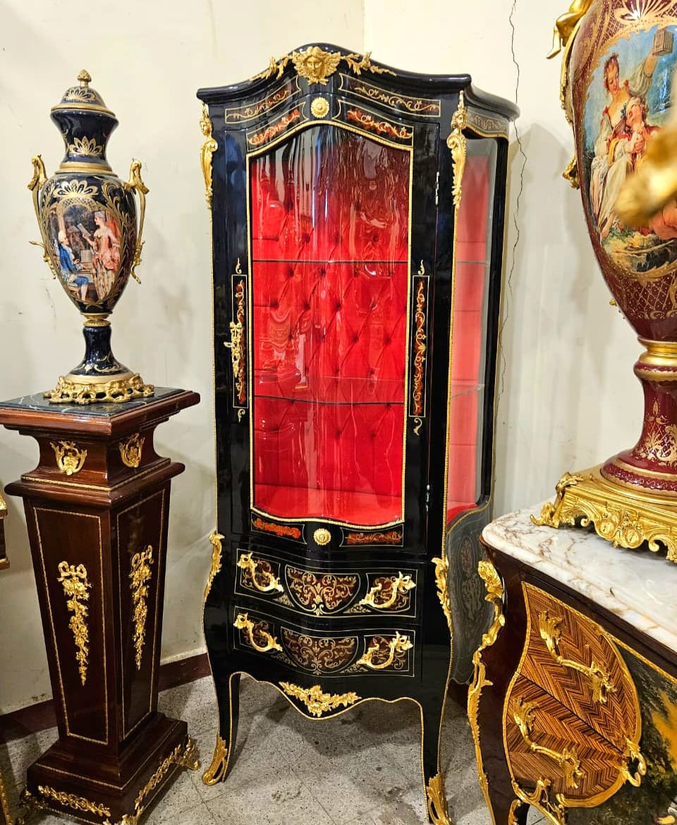 French Louis XV Style Black Display Curio Cabinet with Red Velvet Interior & Gold Leaf Details