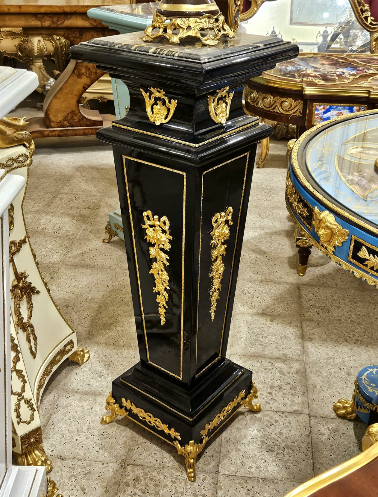 Rococo Black Geometric Pedestal – Marble Top Column with Bronze & Gold Leaf Details