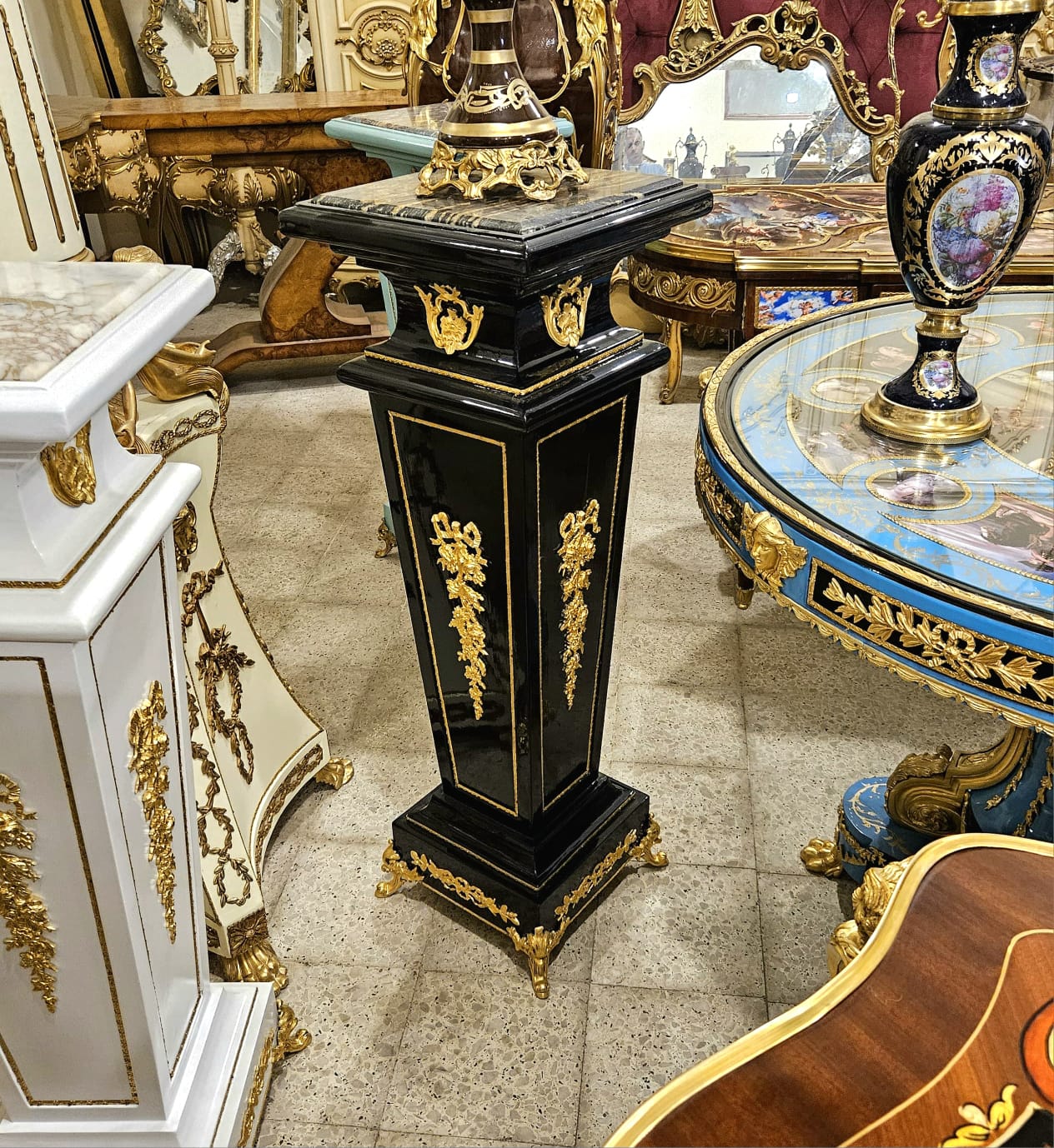 Rococo Black Geometric Pedestal – Marble Top Column with Bronze & Gold Leaf Details