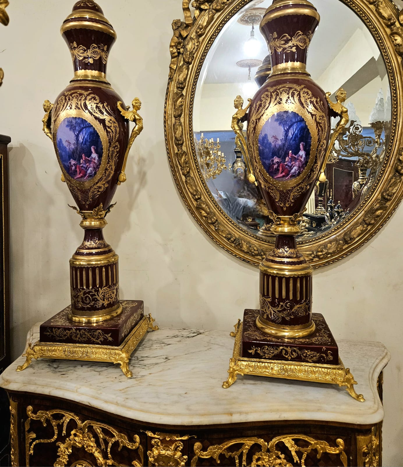 Blue French Style Porcelain Vase with Nature Artwork, Gold Leaf Details