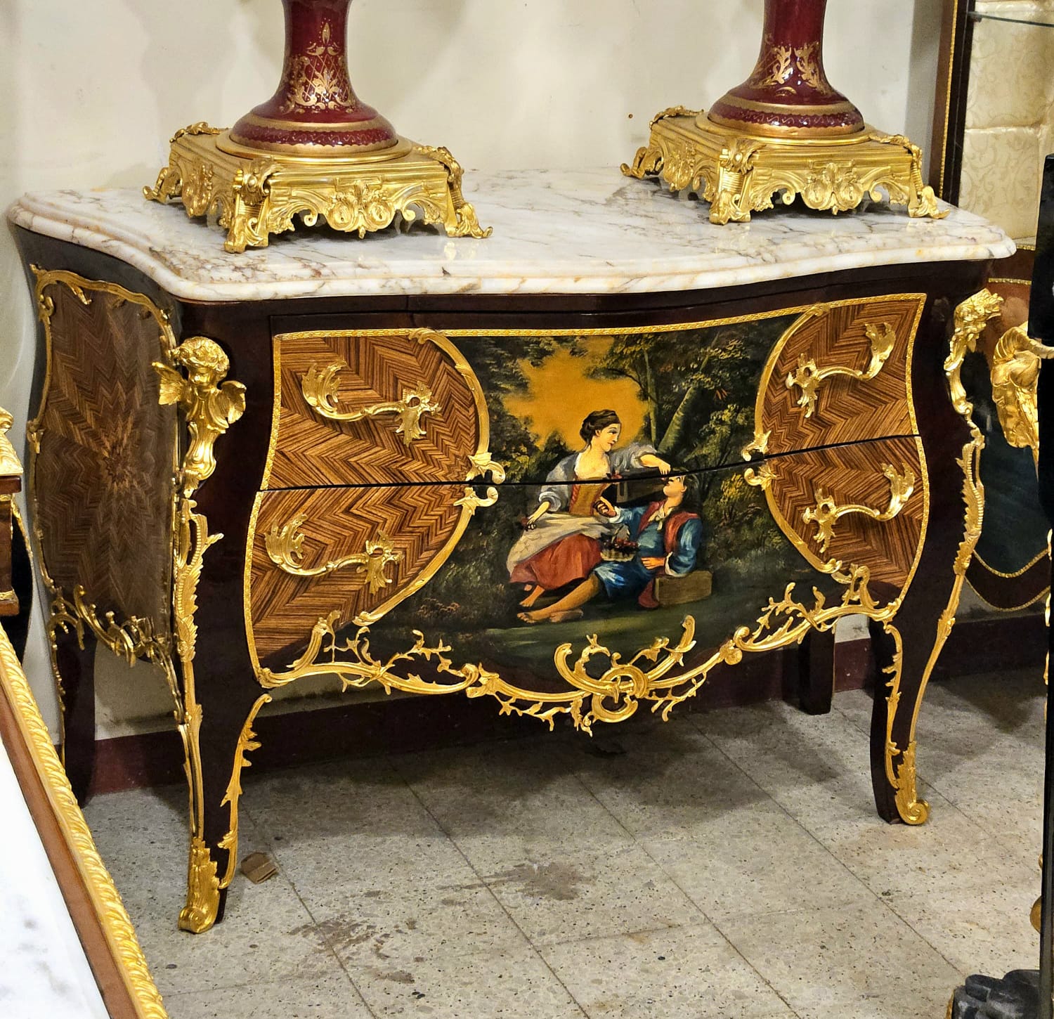Hand-Painted Louis XV Style Marble Top Commode Chest with Gold Leaf & Bronze Mounts