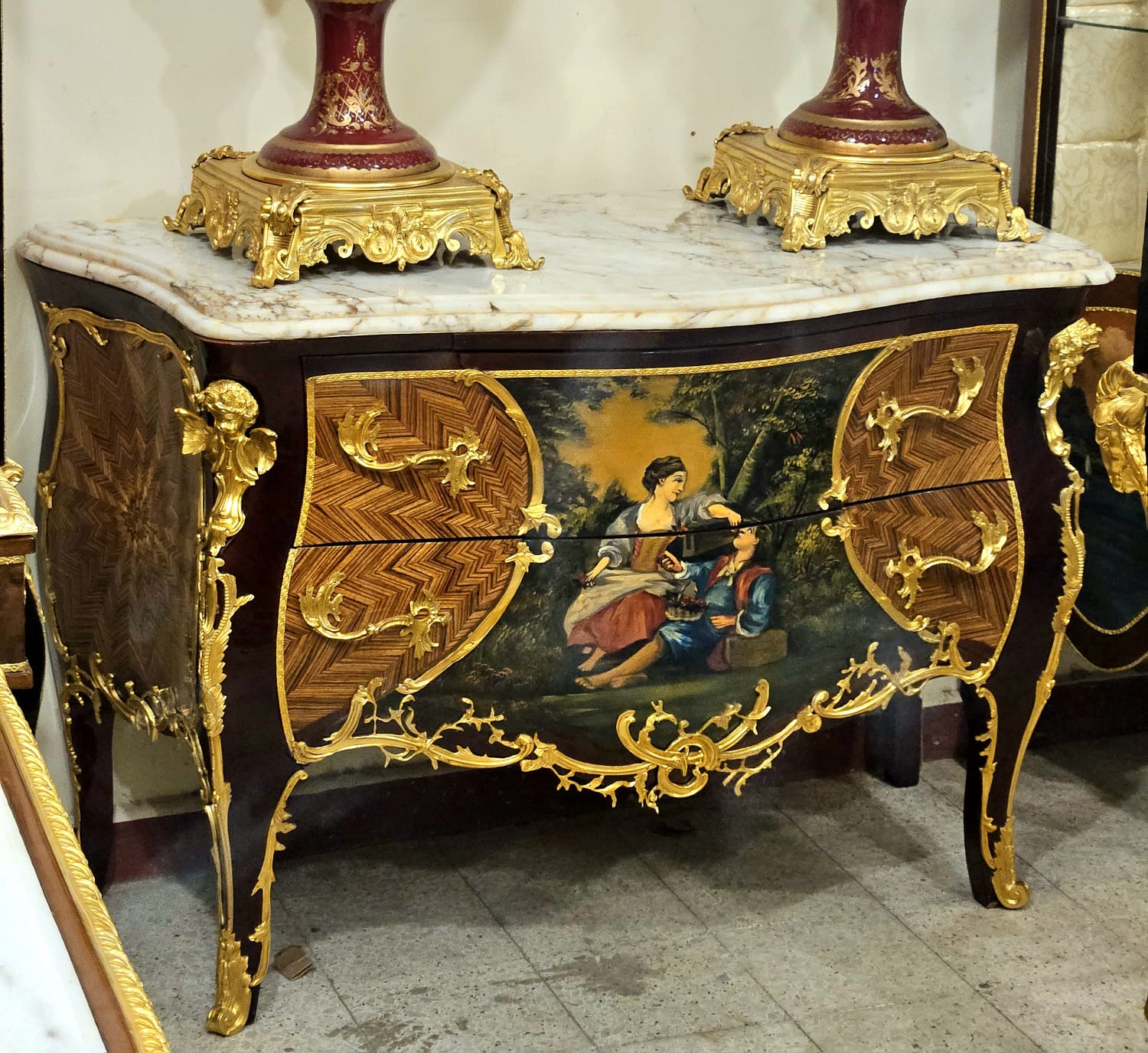 Hand-Painted Louis XV Style Marble Top Commode Chest with Gold Leaf & Bronze Mounts