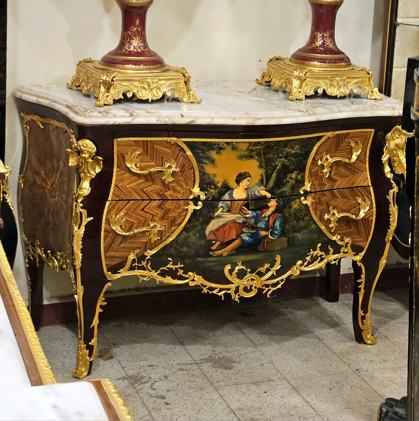 Hand-Painted Louis XV Style Marble Top Commode Chest with Gold Leaf & Bronze Mounts
