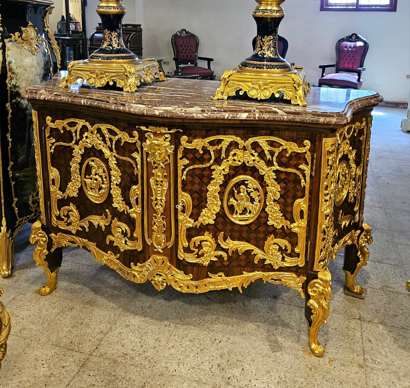 Monumental Louis XV Style Marble Top Sideboard Cabinet with Bronze Mounts & Gold Leaf Details